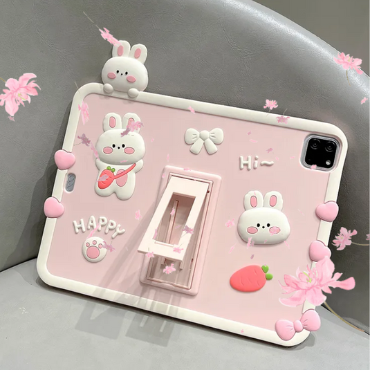 [Built-in Stand] Apple iPad Pro 11-inch 4th Gen (2022) 3D Cute Pink Rabbit Soft Silicone Case