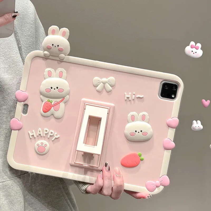 Load image into Gallery viewer, [Built-in Stand] Apple iPad Pro 11-inch 4th Gen (2022) 3D Cute Pink Rabbit Soft Silicone Case
