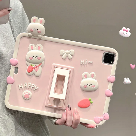 [Built-in Stand] Apple iPad Pro 11-inch 4th Gen (2022) 3D Cute Pink Rabbit Soft Silicone Case