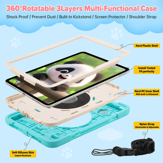 [Built-in Rotating Stand] Apple iPad 10/11'' 10/11th Gen (2022/2025) Panda Silicone Kids Shockproof Case with Shoulder Strap