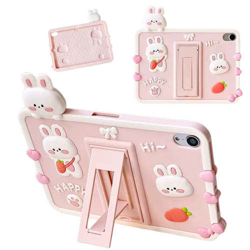 [Built-in Stand] Apple iPad 9 10.2'' 9th Gen (2021) 3D Cute Pink Rabbit Soft Silicone Case