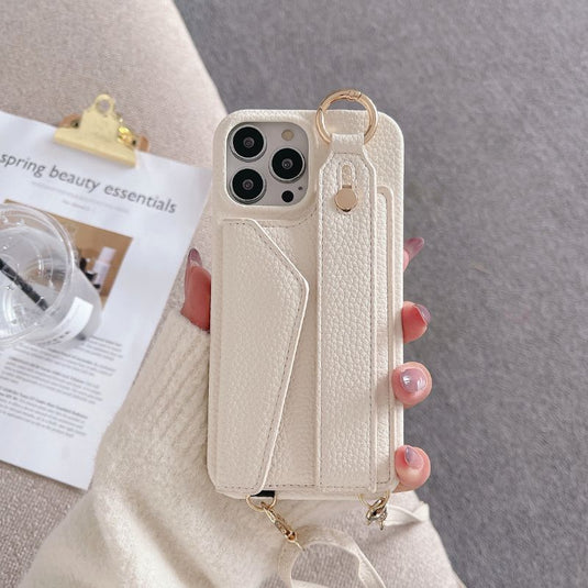 [With Card Slot] Apple iPhone 15/Plus/Pro/Max PC + PU Envelope Leather Wallet Case With Wrist & Shoulder Strap