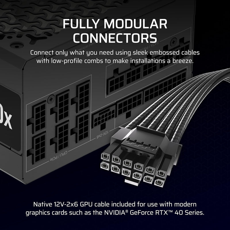 Load image into Gallery viewer, CORSAIR RM1000X 1000W Fully Modular Low-Noise ATX Power Supply – ATX 3.1 Compliant – PCIe 5.1 Support – Cybenetics Gold Efficiency – Native 12V-2x6 Connector – Black
