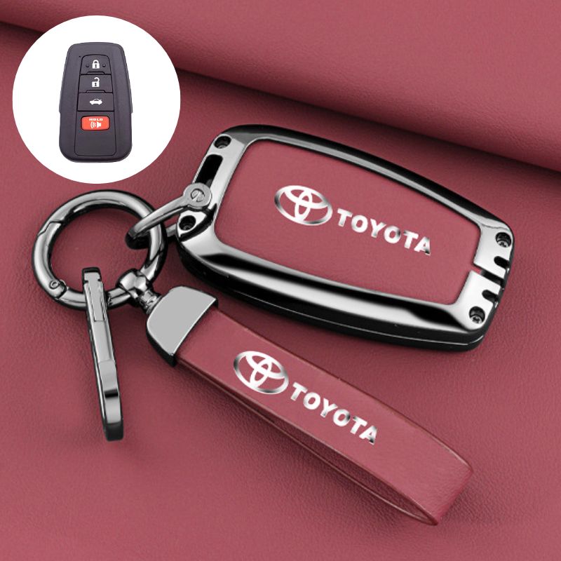 Load image into Gallery viewer, Toyota Full Metal Coverage + PU Leather Car Key Fob Case Cover For Camry, Corolla, RAV4, Highlander, C-HR, Prius, Avalon
