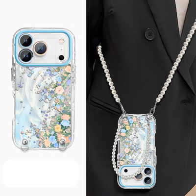 [With Pearl Lanyard] Apple iPhone 15/Plus/Pro/Pro Max - Floral Airbag Shockproof Protective Case - i-Station Mobile Phone & Electronic Device Repair and Accessories