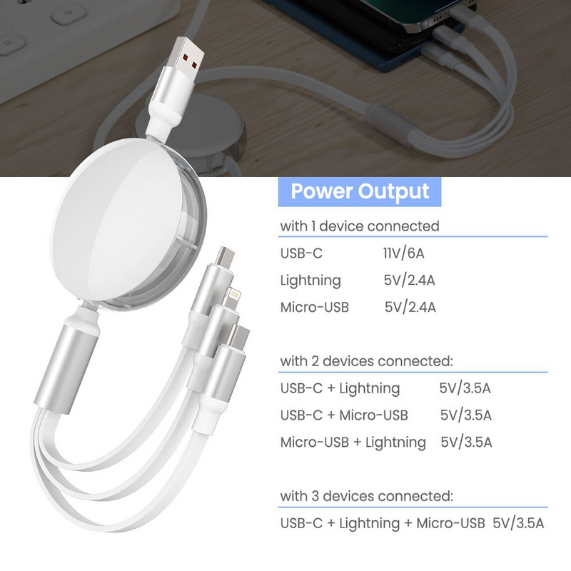 Load image into Gallery viewer, iQuick 3 in 1 Retractable Fast Charge &amp; Data Sync Cable IQTC2301 1.2m - White
