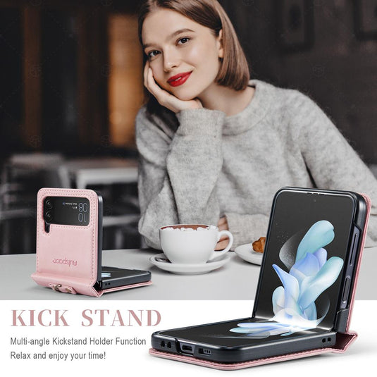 [With Hand Strap] Samsung Galaxy Z Flip4 SM-F721 Luxury PU Leather Wallet Protective Case