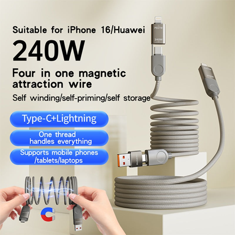 Load image into Gallery viewer, [4in1] 240W Lightning Magnetic Cable Fast Charging for Apple iPhone 16 Pro Max / 16 Pro / 16 Plus PVC Braided Type-C Charger Cord 1.2M
