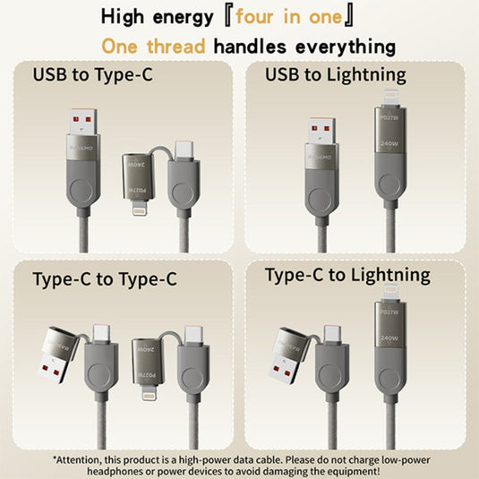 [4in1] 240W Lightning Magnetic Cable Fast Charging for Apple iPhone 16 Pro Max / 16 Pro / 16 Plus PVC Braided Type-C Charger Cord 1.2M