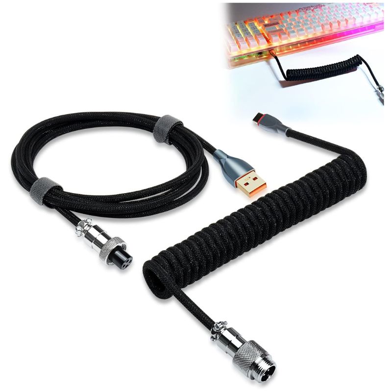 Load image into Gallery viewer, Custom Coiled 1.8M USB C Cable for Gaming Keyboard, Double-Sleeved Mechanical Keyboard Cable with Detachable Metal Aviator
