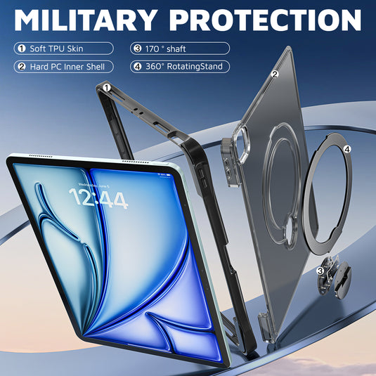 [With Pen Slot] Apple iPad Air 13-inch M2/M3/M4 (2024/2025/2026) 360° Rotating Stand Frosted Hard Acrylic Shockproof Cover Case