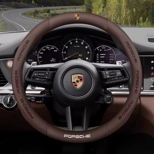 Porsche Carbon Fiber & Soft Suede Leather Luxury Grip & Anti-Slip Protection Steering Wheel Cover For Cayenne, Macan,  Panamera, 718, Taycan, 911