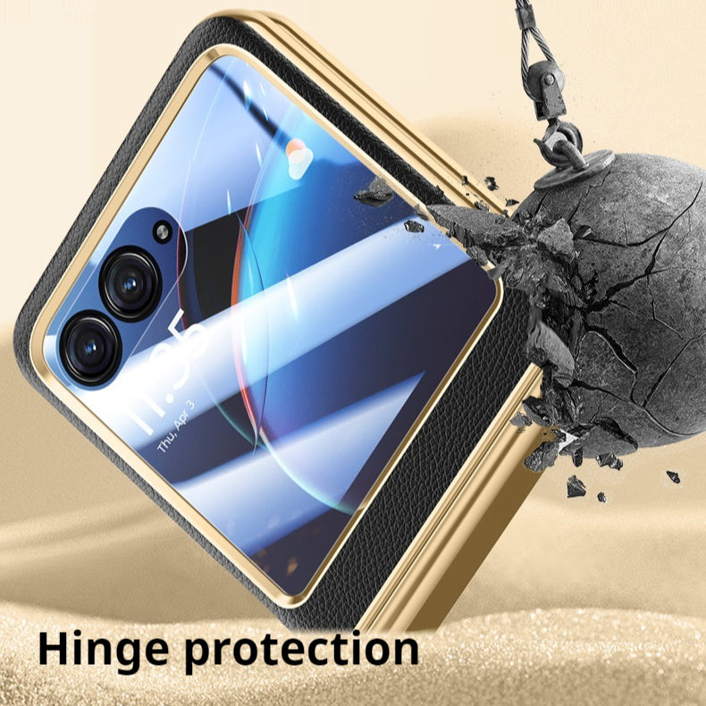 Load image into Gallery viewer, Motorola Moto Razr 40 Ultra Electroplated Chain Shockproof Plain Leather Essentials Series Case With Screen Protector
