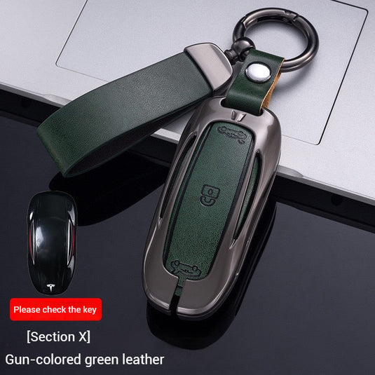 Tesla Metal + PU Leather Smart Car Key Fob Case for Model 3, S, Y, X