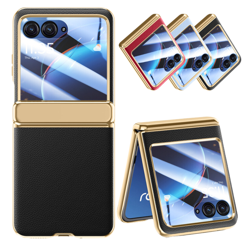 Load image into Gallery viewer, Motorola Moto Razr 40 Ultra Electroplated Chain Shockproof Plain Leather Essentials Series Case With Screen Protector
