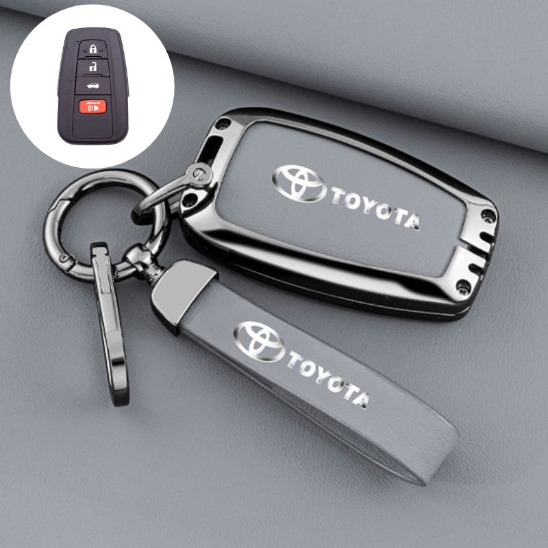 Load image into Gallery viewer, Toyota Full Metal Coverage + PU Leather Car Key Fob Case Cover For Camry, Corolla, RAV4, Highlander, C-HR, Prius, Avalon
