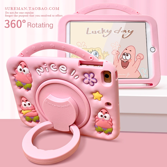 [Built-in Ring Holder][With Pen Slot] Apple iPad 5/6 9.7'' 5/6th Gen (2017/2018) SpongeBob Cartoon Silicone Anti-Drop Protective Case