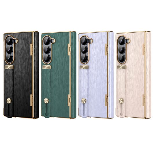 [With Wrist Strap] Samsung Galaxy Z Fold 4 SM-F936 Electroplated Plain Leather Rotating Hinge shockproof Essentials Series Case