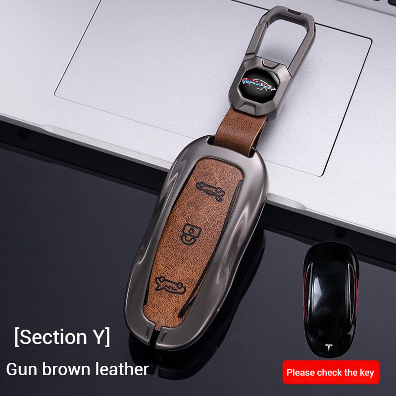 Load image into Gallery viewer, Tesla Metal + PU Leather Smart Car Key Fob Case for Model 3, S, Y, X
