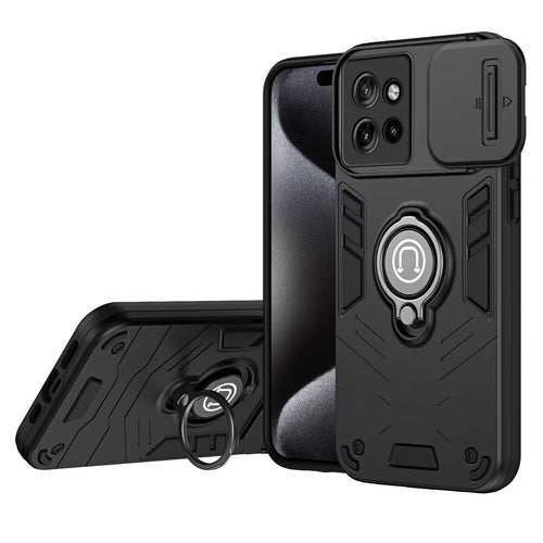 [Built-in Ring Bracket][With Slide Lens Cover] Motorola Moto G34 Mecha-style Anti-slip Protective Hard Heavy Duty Series Case