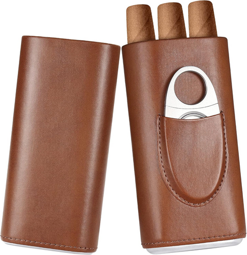 [Holds Up To 3 Cigars] Portable PU Leather Cigar Accessories & Humido