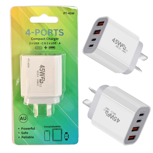 [PT-45W] 45W PD Type-C + QC 3.0 USB 4 Port Wall Travelling Charger Adapter -  (SAA Approved/AU Plug) - i-Station Mobile Phone & Electronic Device Repair and Accessories