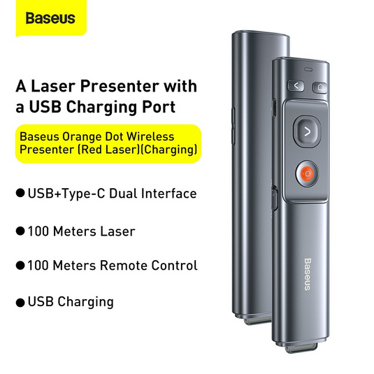 Baseus Orange Dot Wireless Presenter (Red Laser) (Charging Version) - Grey - i-Station Mobile Phone & Electronic Device Repair and Accessories