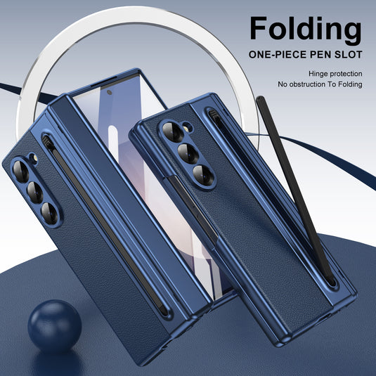 [Built-in Card Slot] Samsung Galaxy Z Fold7 Folding Electroplated PU Leather Case with Tempered Glass Screen Protector