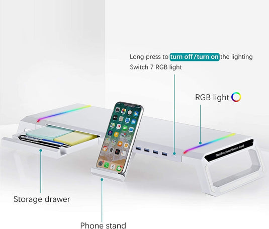 RGB Gaming Computer Monitor Stand Riser with Drawer,Storage and Phone Holder - 1 USB 3.0 and 3 USB 2.0 Hub, 3 Length Adjustable