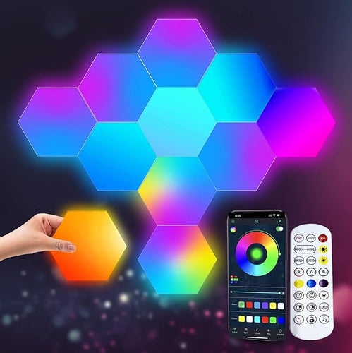 Hexagon RGB LED Smart Light Panels Punch-Free With App Control Gaming Lights Music Sync Hexagon Wall LED Lights DIY Geometry Ambience Lighting for Gaming Room Bedroom Streaming, 6 Panels