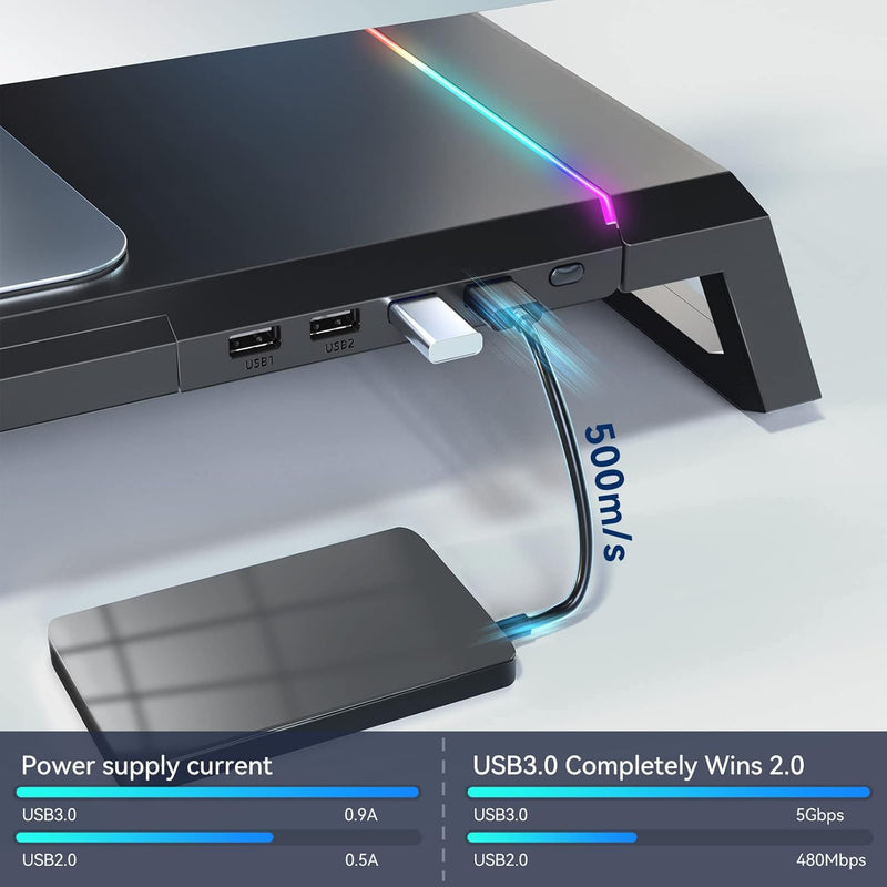 Load image into Gallery viewer, RGB Gaming Computer Monitor Stand Riser with Drawer,Storage and Phone Holder - 1 USB 3.0 and 3 USB 2.0 Hub, 3 Length Adjustable
