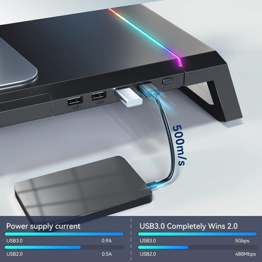 RGB Gaming Computer Monitor Stand Riser with Drawer,Storage and Phone Holder - 1 USB 3.0 and 3 USB 2.0 Hub, 3 Length Adjustable