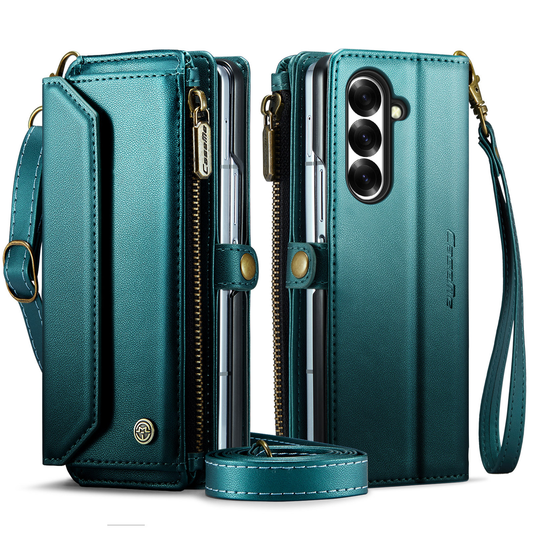 Samsung Galaxy Z Fold7  (SM-F966) - Zipper Style Crossbody PU Leather Wallet Series Stand Case With Lanyard