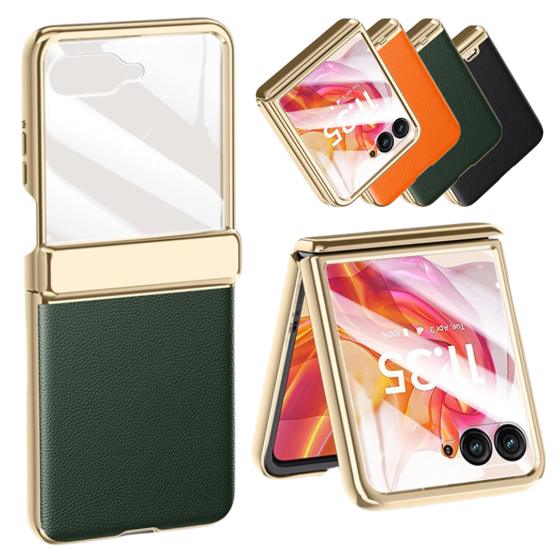 Load image into Gallery viewer, Motorola Moto Razr 50/Ultra Electroplated Chain Shockproof Plain Leather Essentials Series Case With Screen Protector
