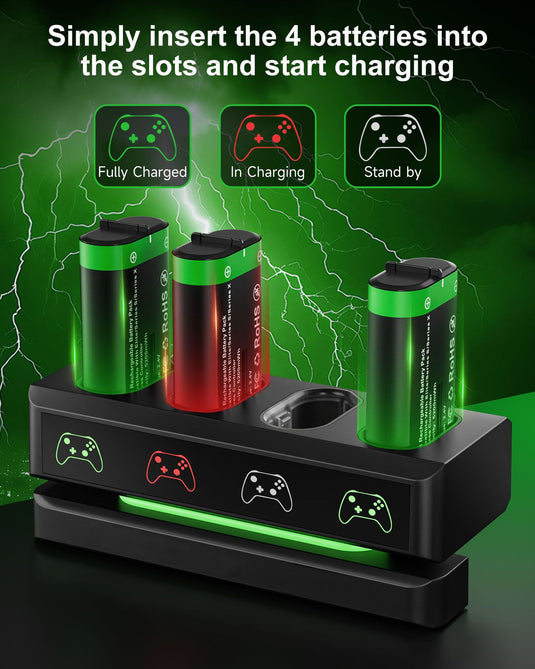 Xbox / Xbox One / Xbox Series X/S Game Controller Battery Charging Base Station with 4 x 2200mAh Batteries