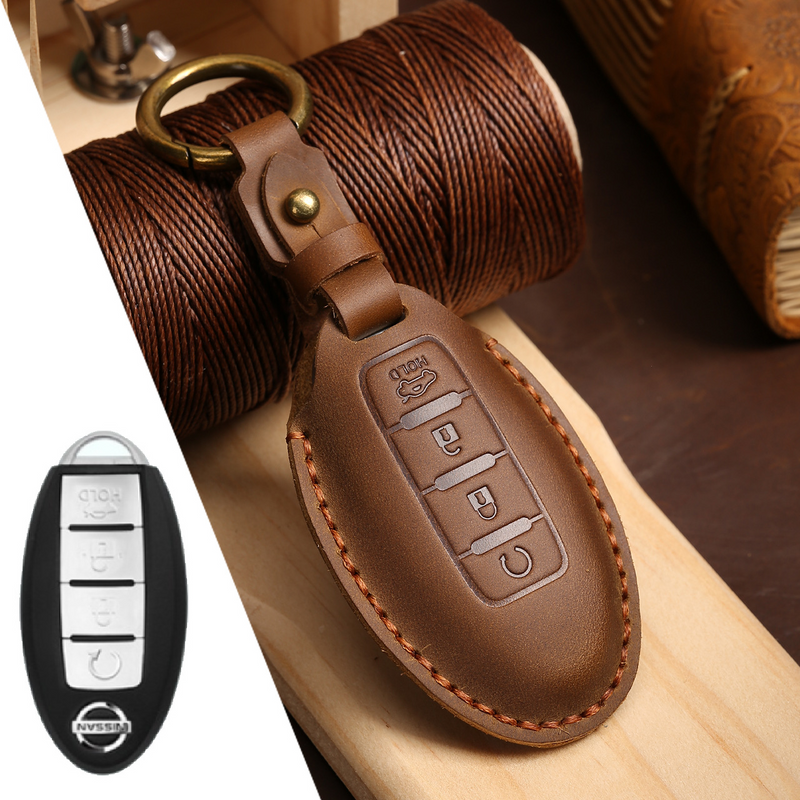 Load image into Gallery viewer, Nissan Handcrafted Genuine Leather Car Key Fob Case Cover For Pathfinder, Murano, Micra, Altima, Sentra,  Note, Juke, Armada, Qashqai
