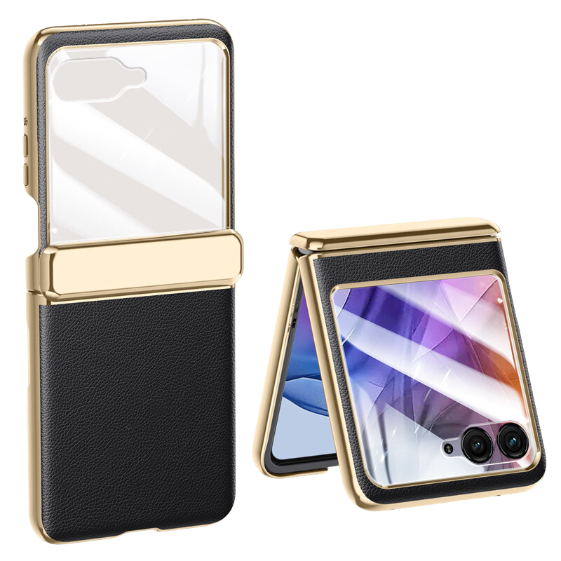 Load image into Gallery viewer, Motorola Moto Razr 50/Ultra Electroplated Chain Shockproof Plain Leather Essentials Series Case With Screen Protector
