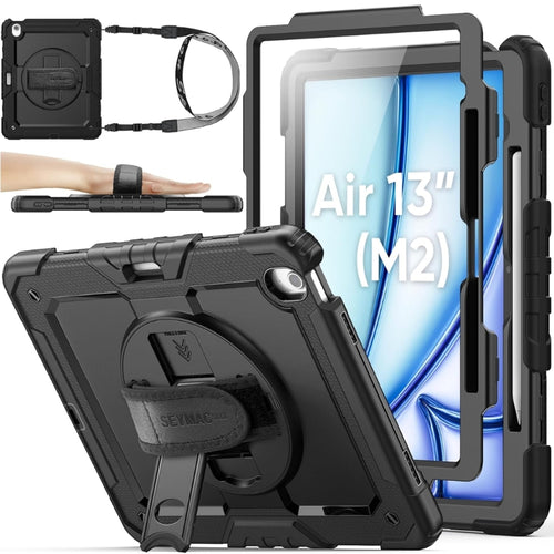 [Built-in 360° Rotating Hand Strap & Stand] Apple Ipad Air 13-inch M2 (2024) Shockproof with Screen Protector Pencil Holder Heavy Duty Series Case