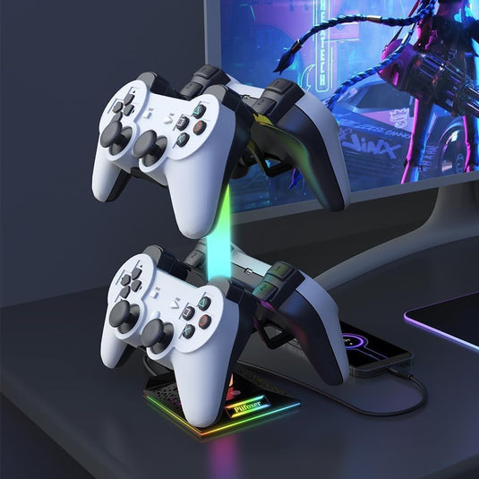 RGB Lighting Ambient Lamp, Gaming Controller Headphone Hook Stand With 2 USB Charging Ports and 3.5mm & Type-C Port for Desktop Gamer PS5,PS4,Xbox