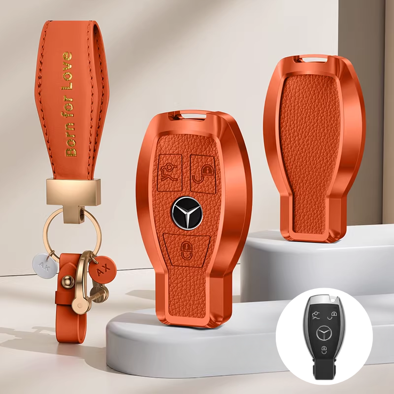 Load image into Gallery viewer, Mercedes Benz Aluminum Alloy Leather Car Key Fob Case Cover For Benz A, C, E, S, G-Class, GLA, GLB, GLC, GLE, GLS, CLA, CLS, EQC
