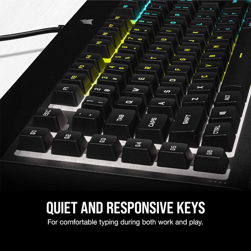 Load image into Gallery viewer, Corsair K55 RGB PRO Wired Membrane Gaming Keyboard (Dynamic Per-Key RGB Backlighting, 6 Macro Keys w/Elgato Software Integration, IP42 Dust and Spill-Resistant, Detachable Palm Rest) QWERTY, Black
