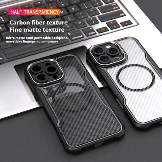 [Magsafe Compatible] Apple iPhone 16/Plus/Pro/Max/e - Carbon Fiber Texture MagSafe Translucent Phone Case