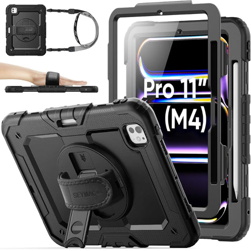 [Built-in 360° Rotating Hand Strap & Stand] Apple iPad Pro 11 Inch 7th Gen M4 Chip 2024 - Shockproof with Screen Protector Pencil Holder Heavy Duty Series Case