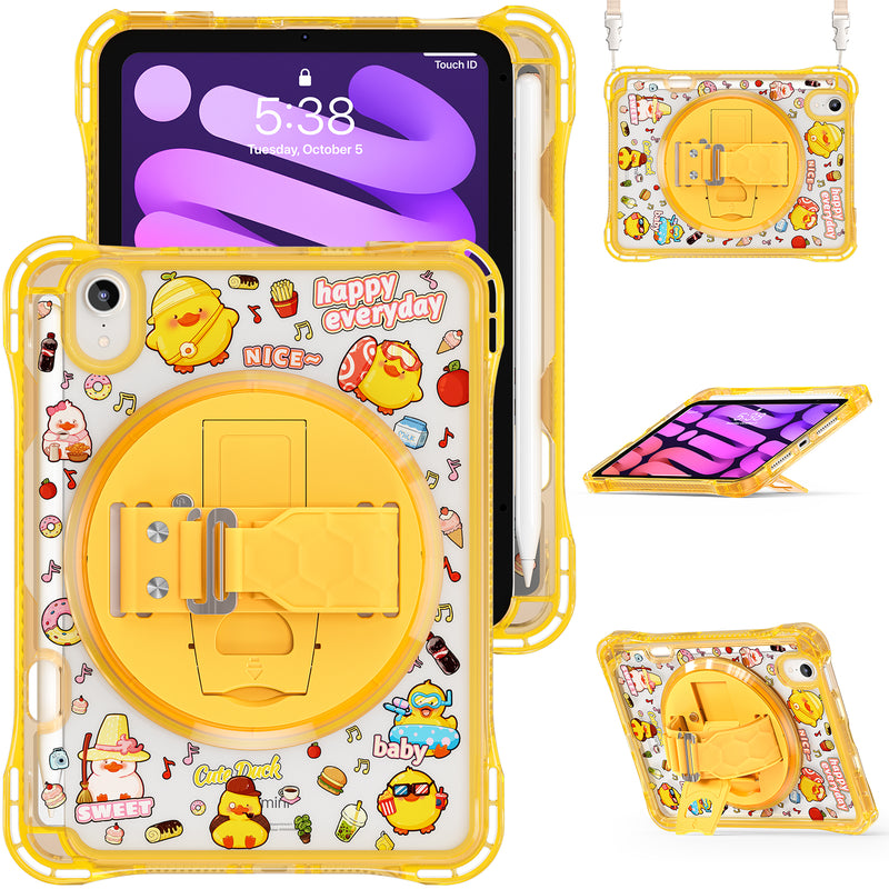 Load image into Gallery viewer, [Built-in Pen Slot][With Shoulder Strap] Apple iPad Mini 6/7 8.3&#39;&#39; 6/7th Gen (2021/2024) Cartoon Kids Transparent Anti-Drop Protective Stand Case
