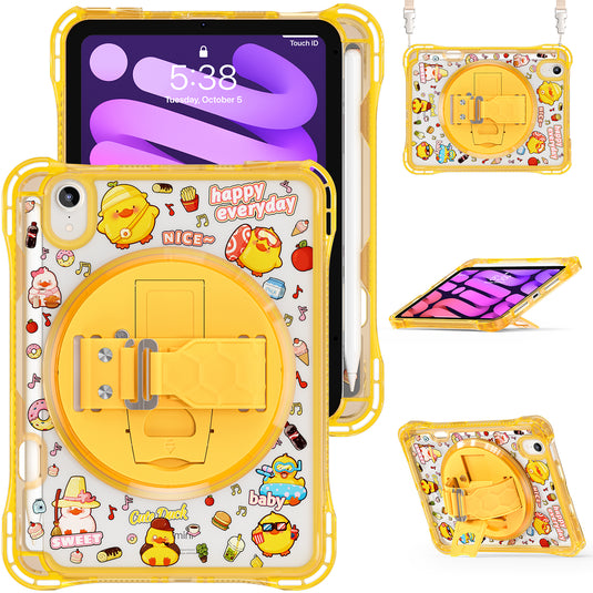[Built-in Pen Slot][With Shoulder Strap] Apple iPad Mini 6/7 8.3'' 6/7th Gen (2021/2024) Cartoon Kids Transparent Anti-Drop Protective Stand Case
