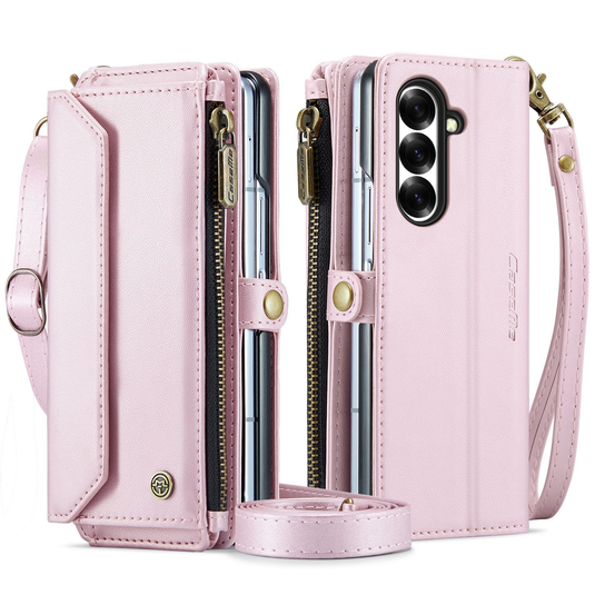 Samsung Galaxy Z Fold7  (SM-F966) - Zipper Style Crossbody PU Leather Wallet Series Stand Case With Lanyard