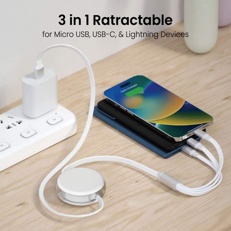 Load image into Gallery viewer, iQuick 3 in 1 Retractable Fast Charge &amp; Data Sync Cable IQTC2301 1.2m - White
