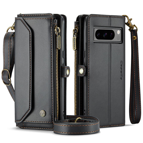 [Magsafe Compatible] Google Pixel 9/A/Pro/XL - Zipper Style Crossbody PU Leather Wallet Series Stand Case With Lanyard