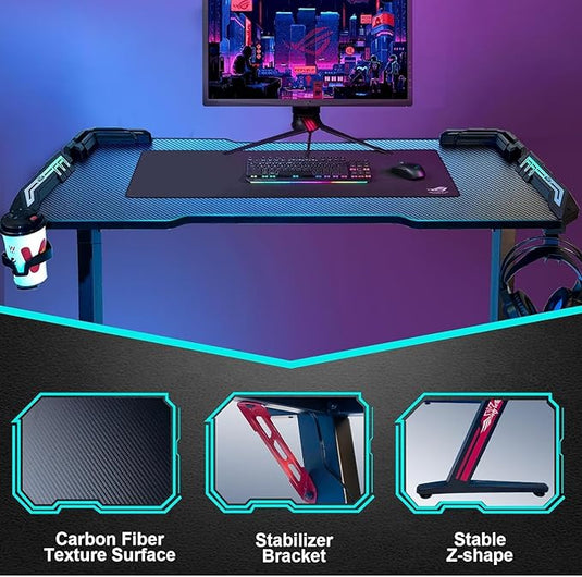 RGB Lights Gaming Desk,Z-Shaped Ergonomic for Pc, Workstation, Home, Office with Carbon Fiber Surface,Cup Holder and Headphone Hook,120×60×75cm