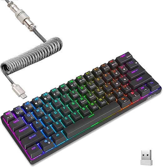 60% Mechanical Keyboard with Coiled Cable, 2.4Ghz/Bluetooth/Wired, Wireless Bluetooth Mini Keyboard 61 Keys, RGB Hot Swappable Blue Switch Gaming Keyboard